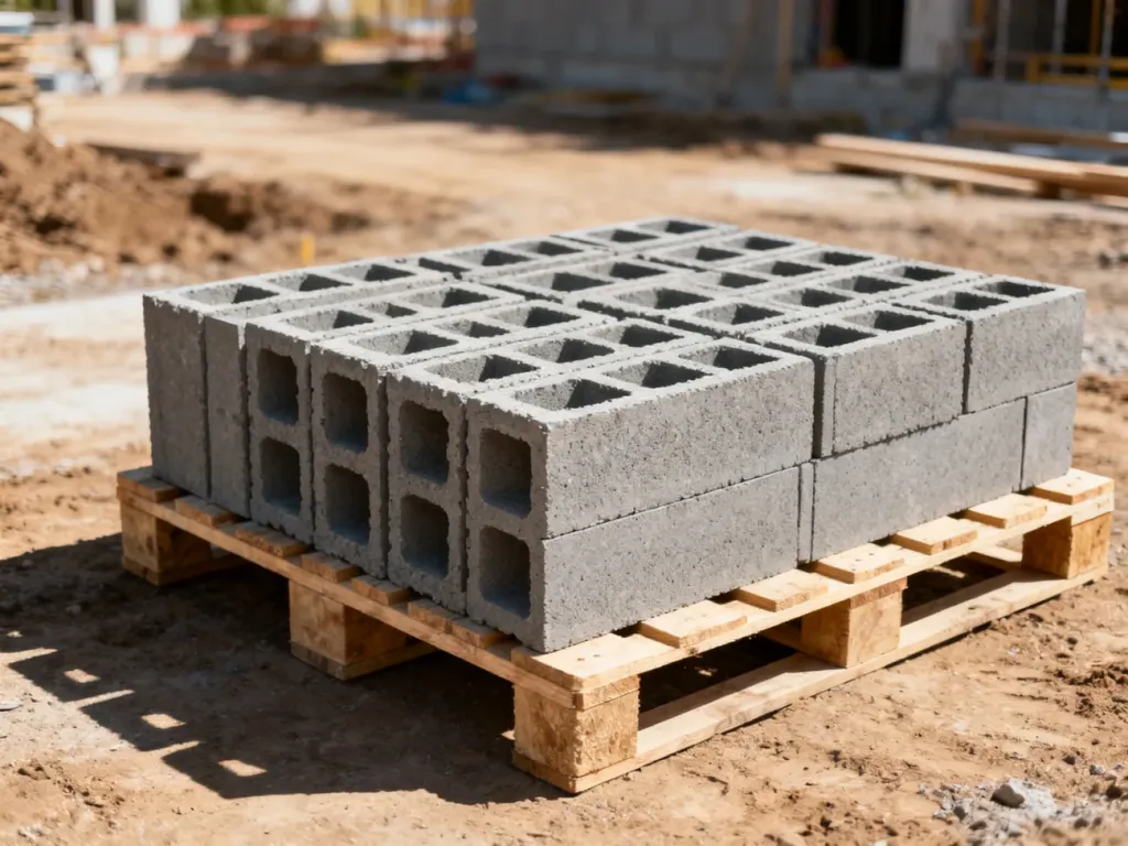 Paleta z ułożonymi pustakami ceramicznymi na placu budowy. Widok z góry przedstawiający sposób składowania materiałów.