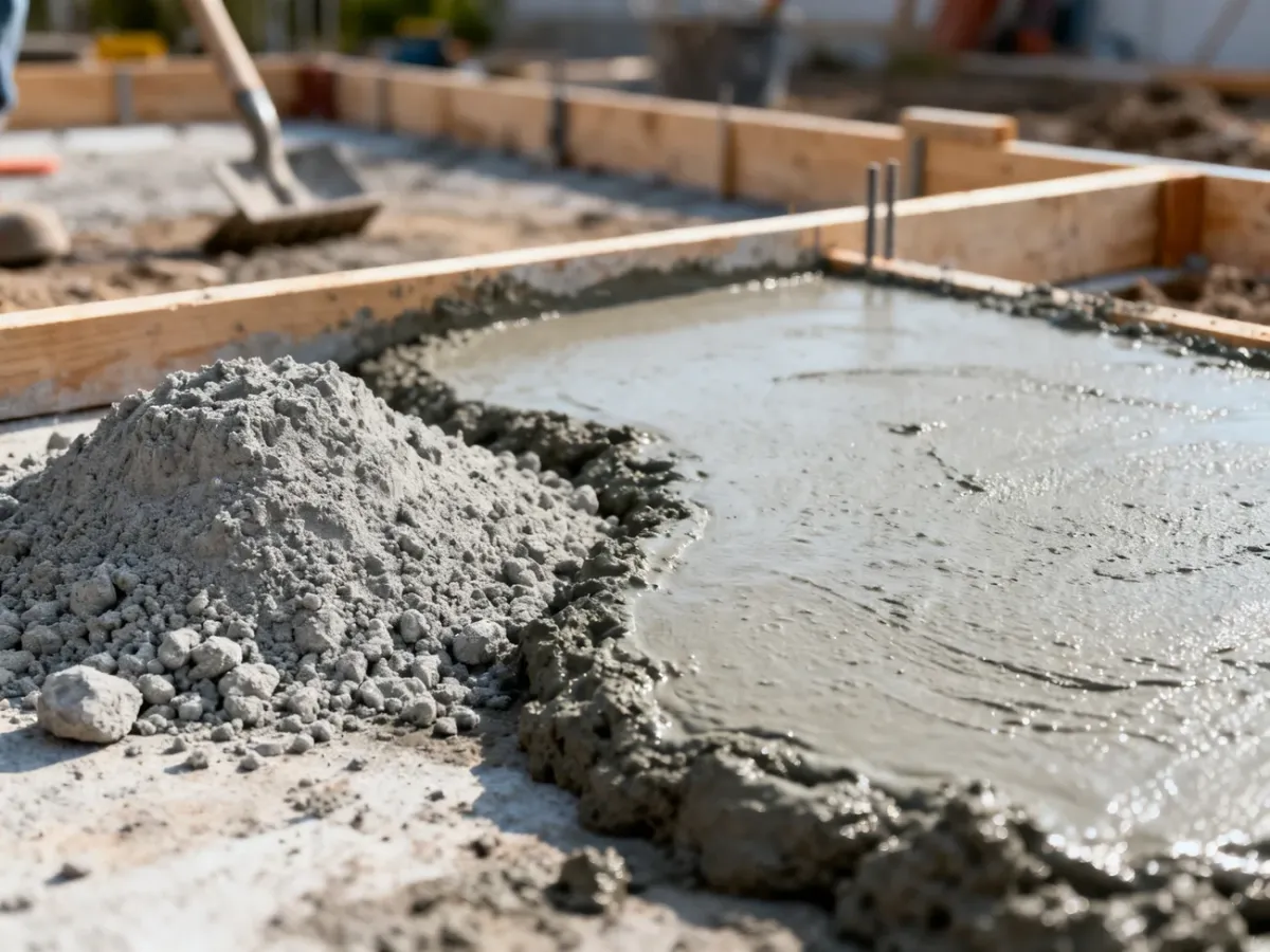 Porównanie tekstur suchej mieszanki cementowej oraz gotowego, mokrego betonu na placu budowy.