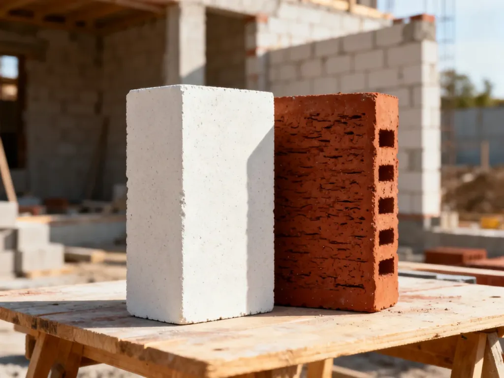 Porównanie białej cegły silikatowej i czerwonej cegły ceramicznej na placu budowy.