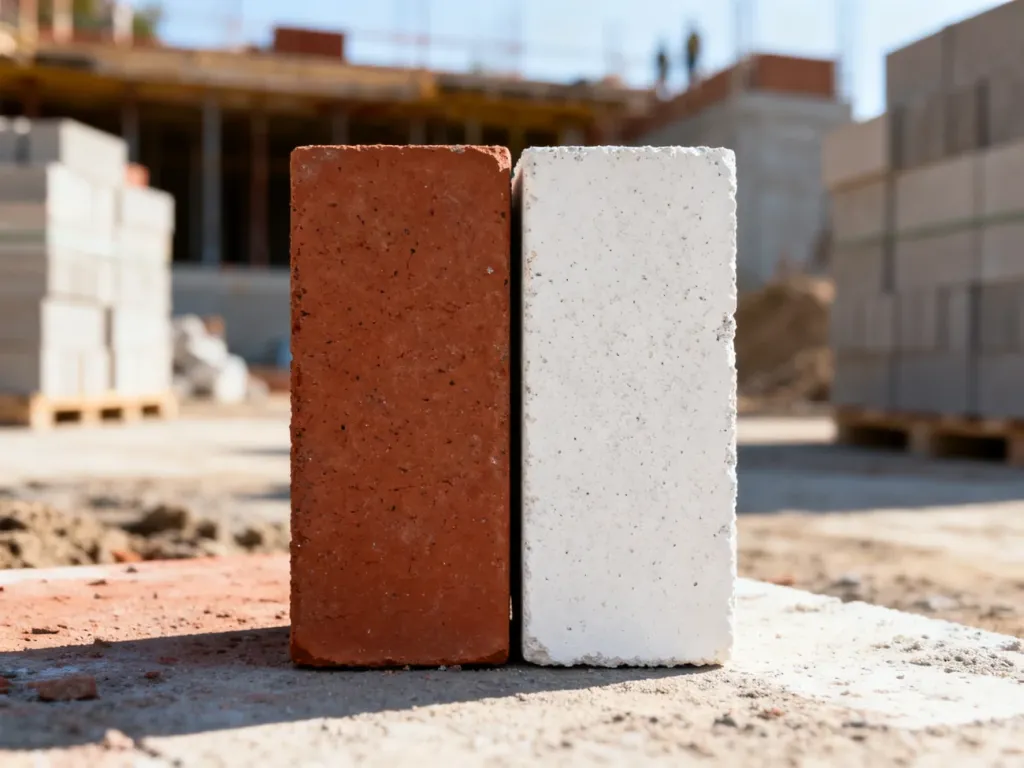 Porównanie pustaka ceramicznego i bloku silikatowego na placu budowy. Widoczne zestawienie dwóch materiałów konstrukcyjnych.