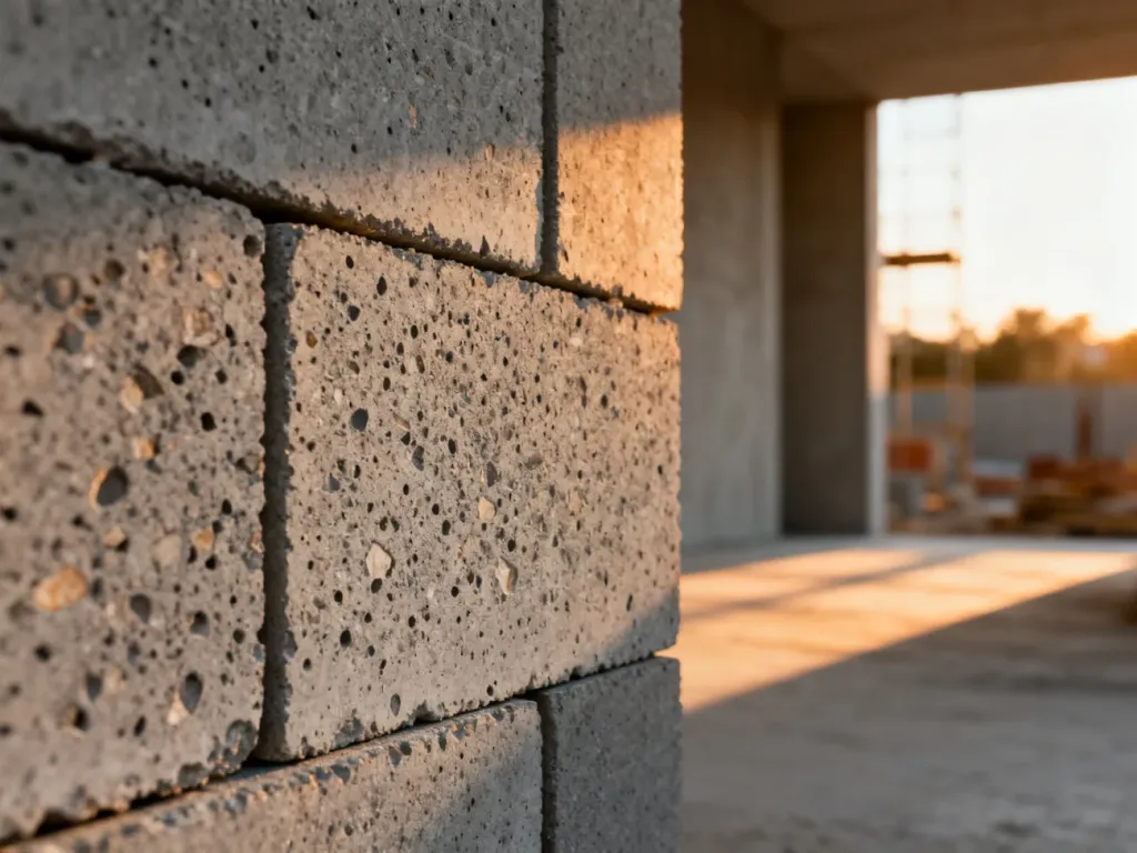 Zbliżenie na surową, porowatą strukturę betonowych bloków w minimalistycznym, industrialnym otoczeniu.