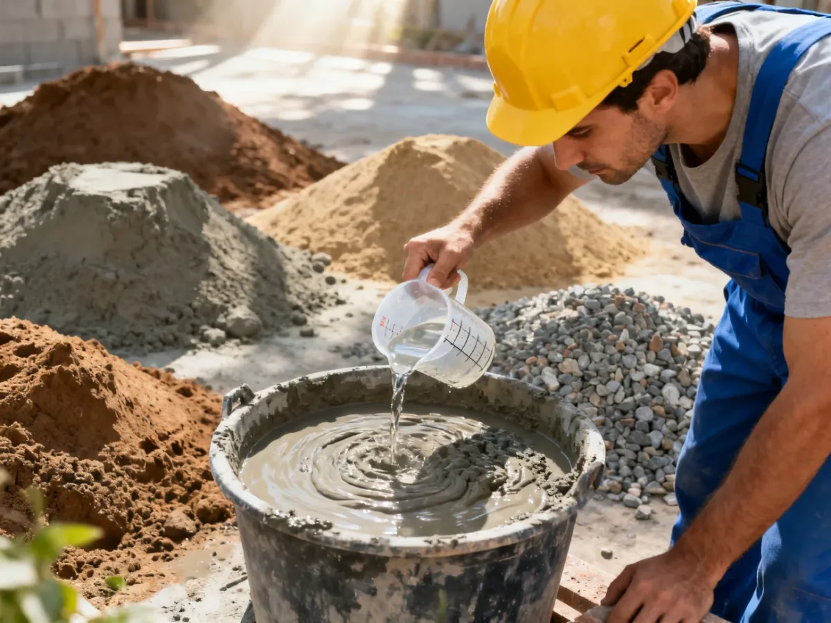 Pracownik budowlany dokładnie odmierza wodę do mieszanki betonowej