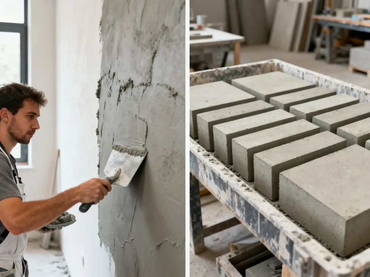 Porównanie tynku betonowego na ścianie i odlewanych płyt GRC