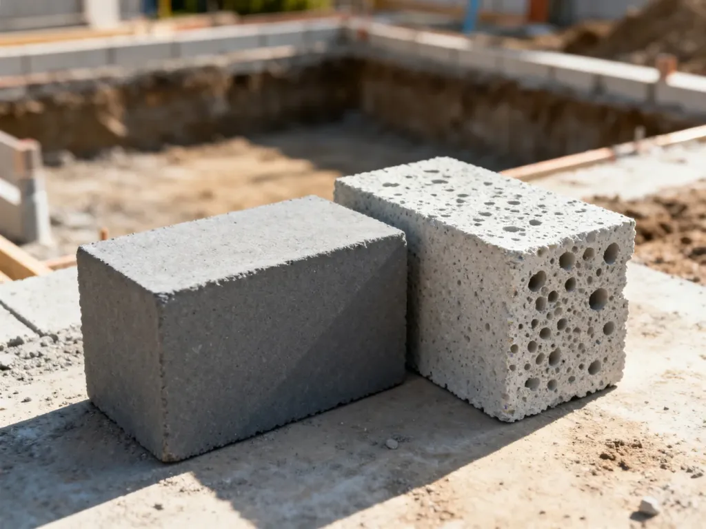 Porównanie tekstur bloku silikatowego i betonu komórkowego na placu budowy.