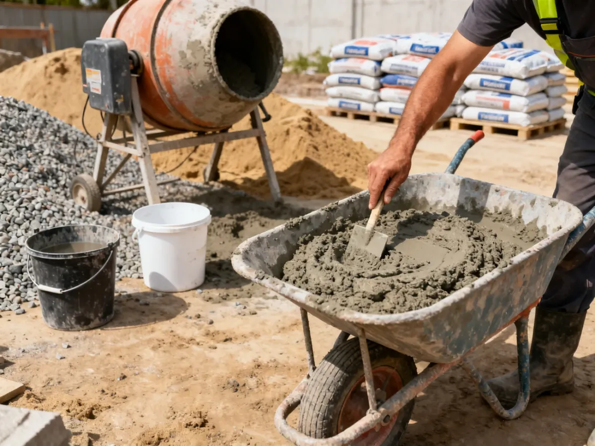 Sprawdzanie konsystencji świeżo wymieszanego betonu na placu budowy