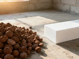 Stosy białych bloczków z betonu komórkowego i czerwonej ceramiki budowlanej na palecie na tle placu budowy.