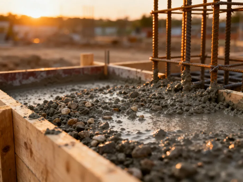Świeża mieszanka betonowa wylewana do szalunku fundamentowego na placu budowy w świetle wschodzącego słońca.
