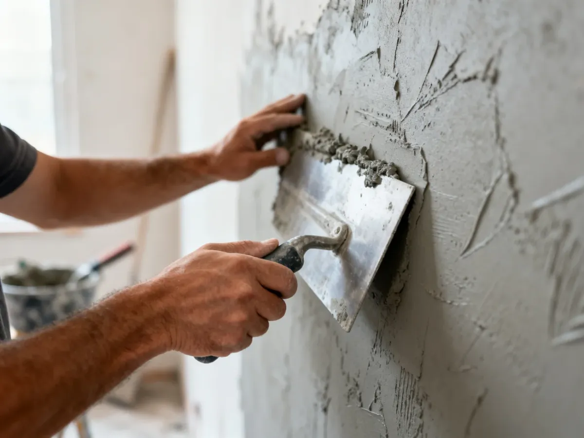 Nakładanie szarego tynku strukturalnego imitującego beton na ścianę