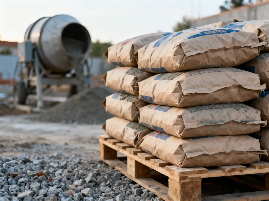 Worki z suchą mieszanką betonową ułożone na palecie na placu budowy.