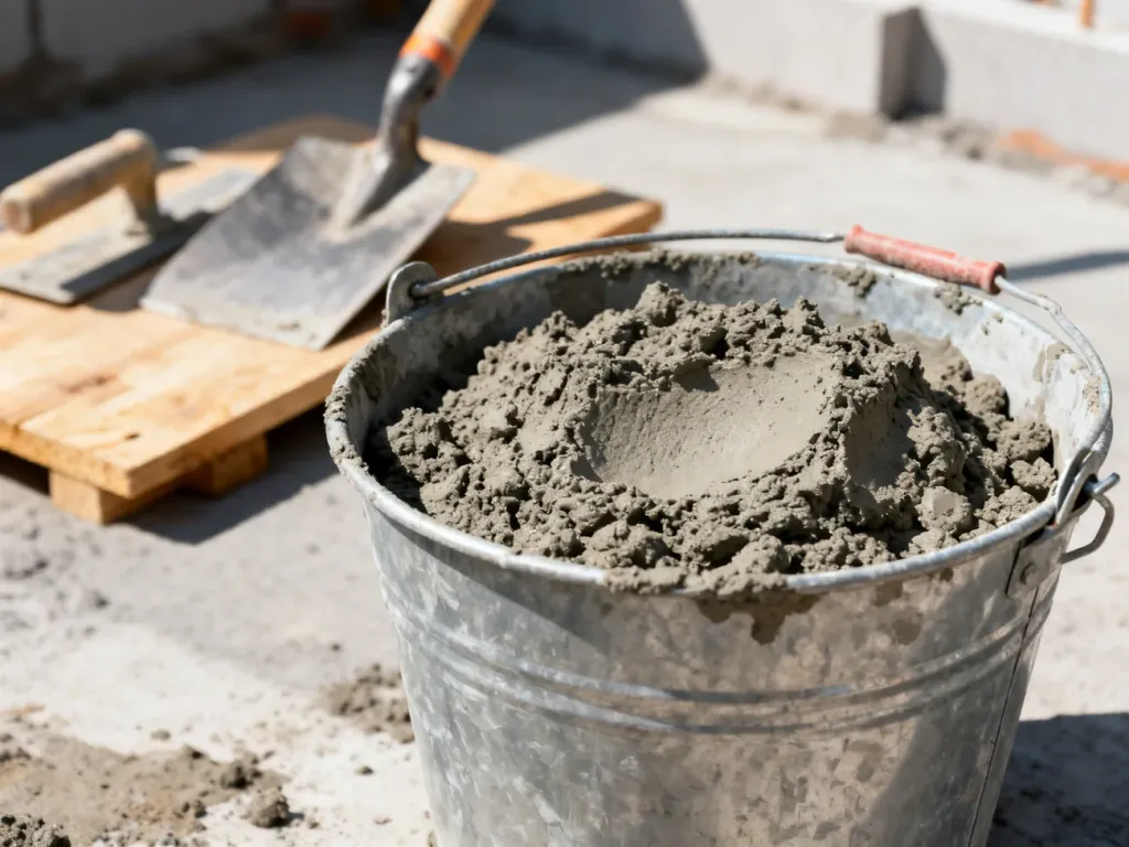 Metalowe wiadro z betonem o idealnej konsystencji na placu budowy. Widoczne narzędzia murarskie w tle.