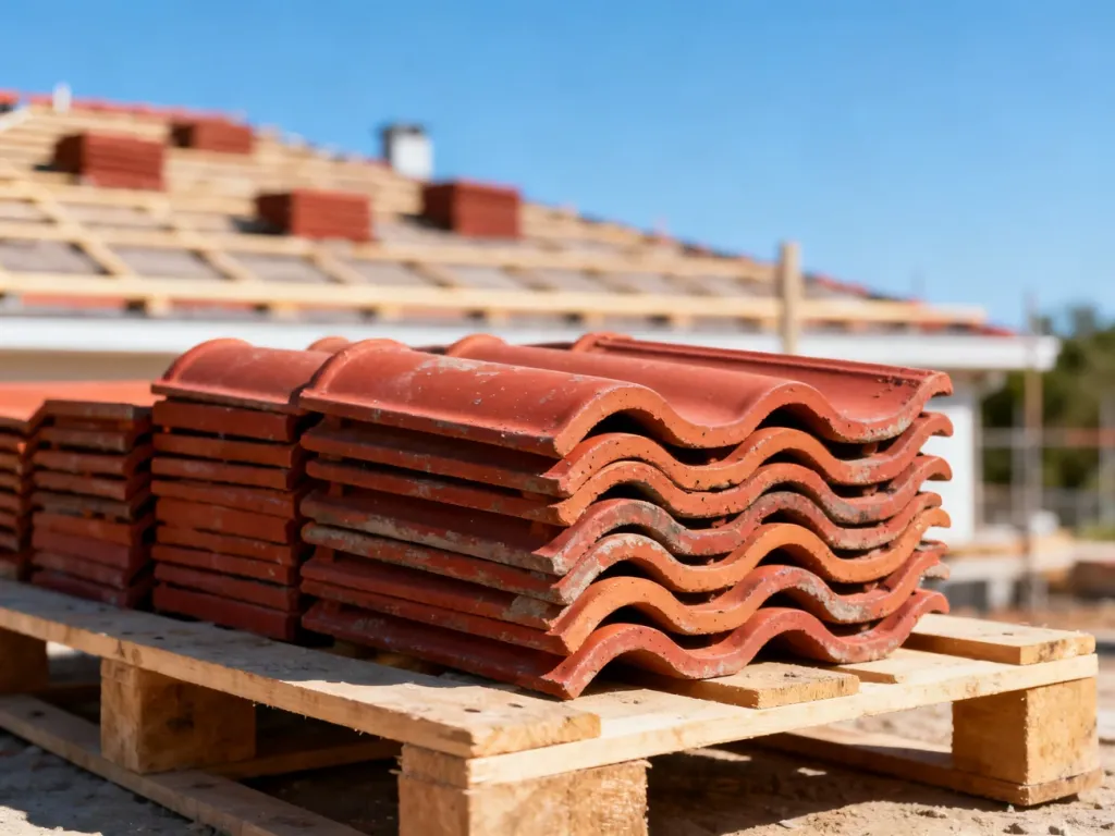 Stos czerwonych dachówek ceramicznych na palecie, przygotowanych do montażu na dachu domu w słoneczny dzień.