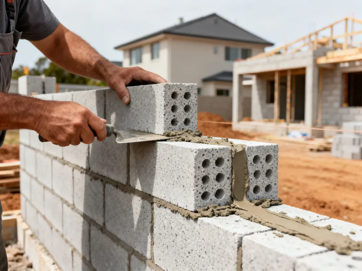 Murowanie ściany z jasnoszarych bloczków betonu komórkowego na cienką spoinę