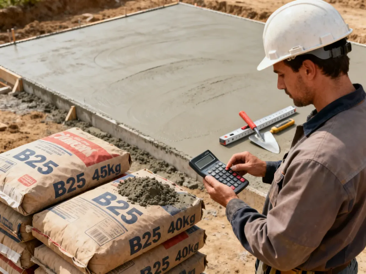Worki suchej mieszanki betonowej B25 obok przygotowanej wylewki i narzędzi pomiarowych