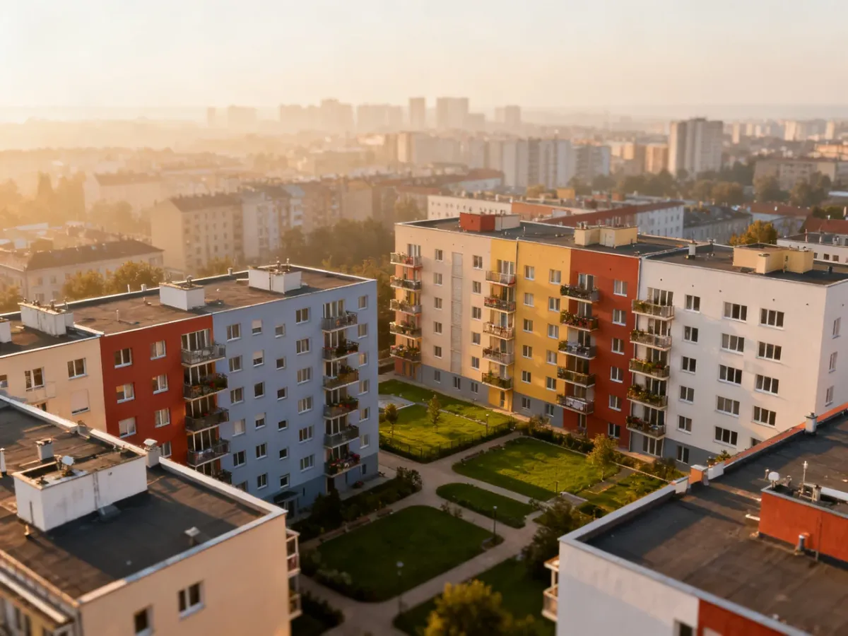 Panorama łódzkiego osiedla mieszkaniowego o zachodzie słońca, zróżnicowane bloki i zielone dziedzińce, no text on the picture