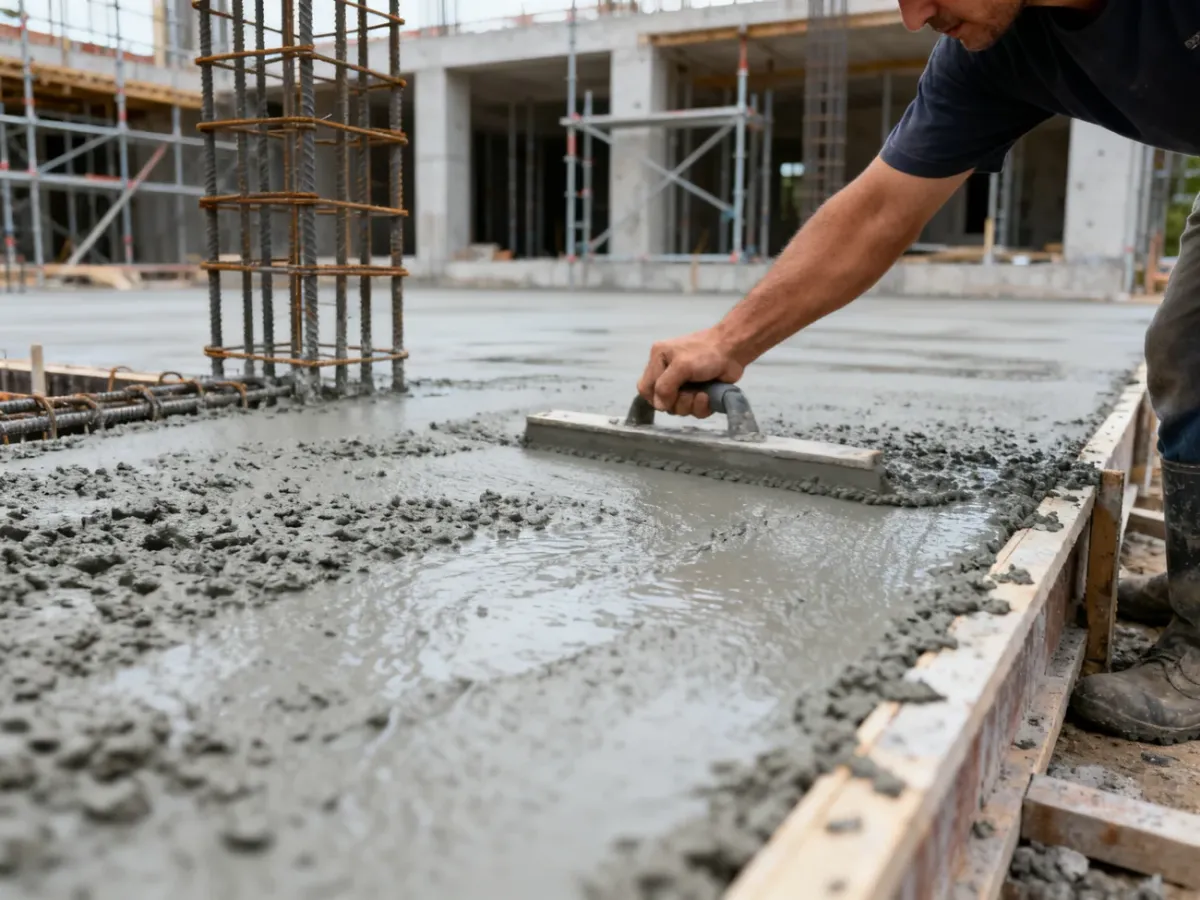 Świeżo układany beton konstrukcyjny w deskowaniu na placu budowy