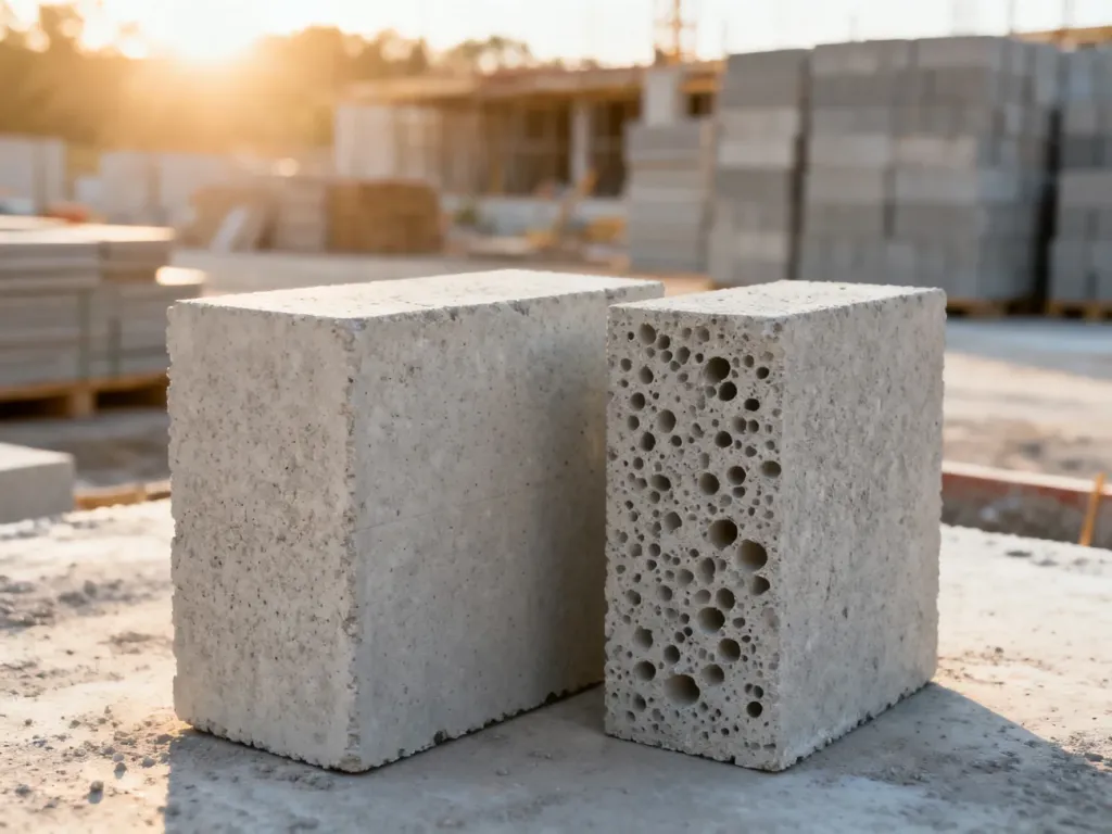Zbliżenie na dwa bloki z betonu komórkowego o różnej grubości, ukazujące porowatą strukturę materiału na placu budowy.