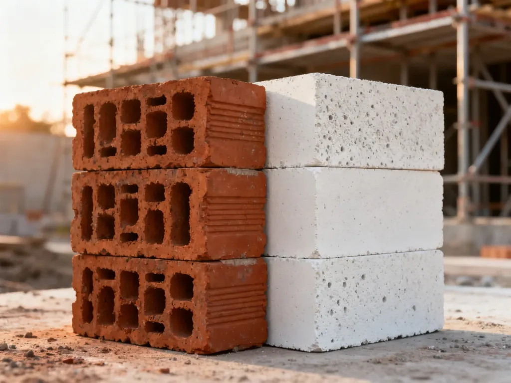 Porównanie pustaków ceramicznych Porotherm i bloczków z betonu komórkowego Ytong na placu budowy.