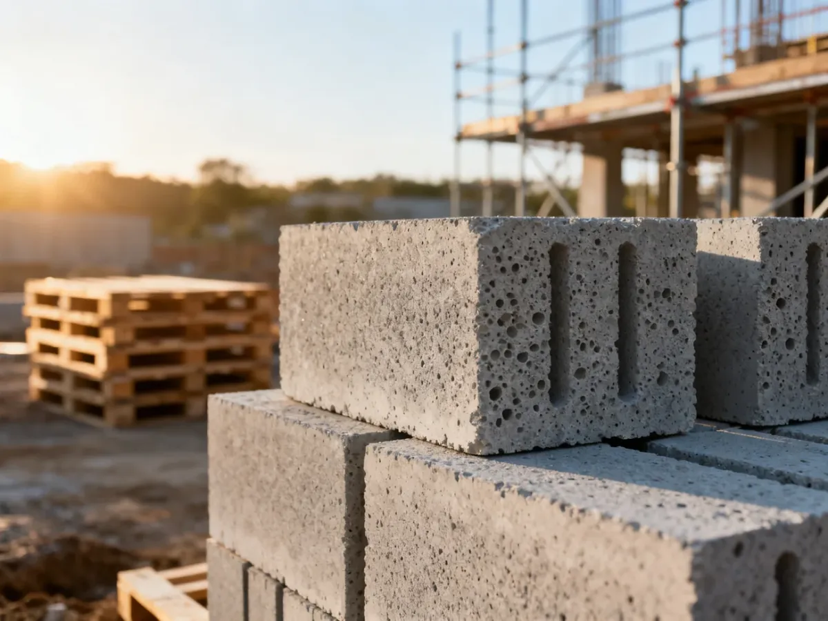 Ułożone w stosy bloczki z betonu komórkowego na placu budowy w świetle porannego słońca.