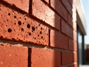 Porównanie czerwonych pustaków ceramicznych i szarych bloczków betonowych na placu budowy w świetle zachodzącego słońca.