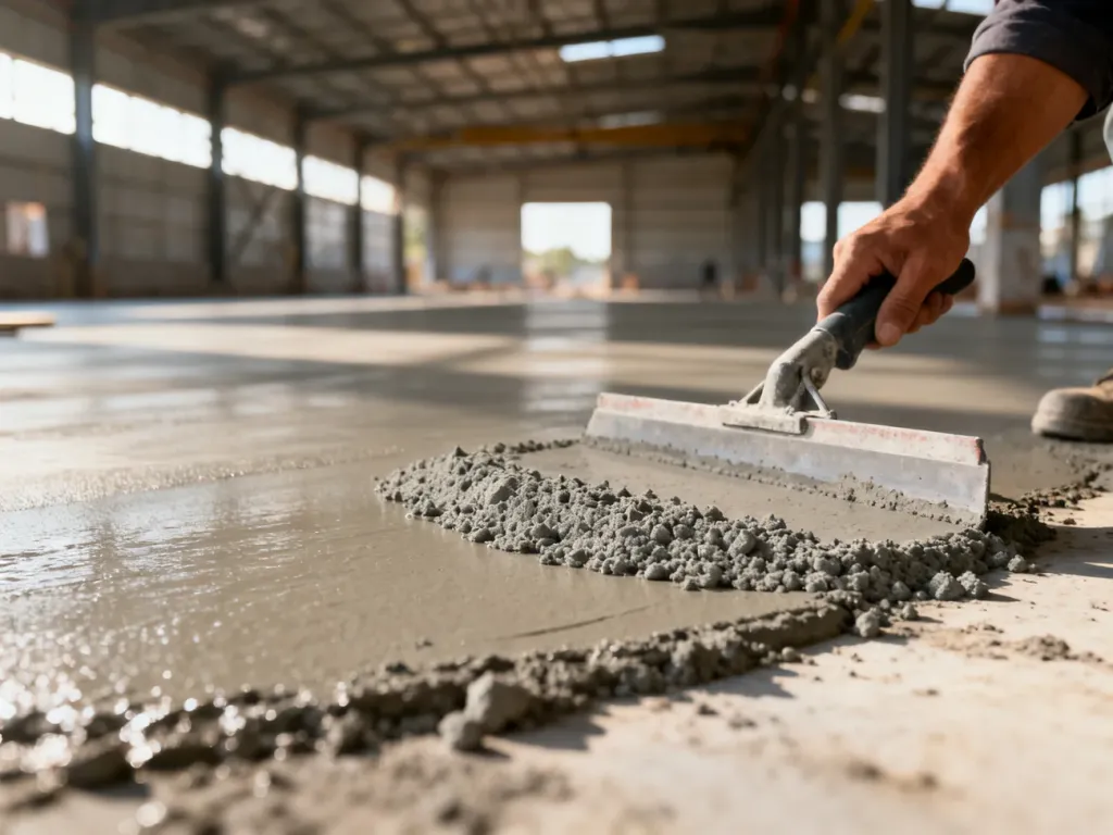 Profesjonalne nakładanie warstwy utwardzacza mineralnego na świeży beton w trakcie zacierania posadzki przemysłowej.