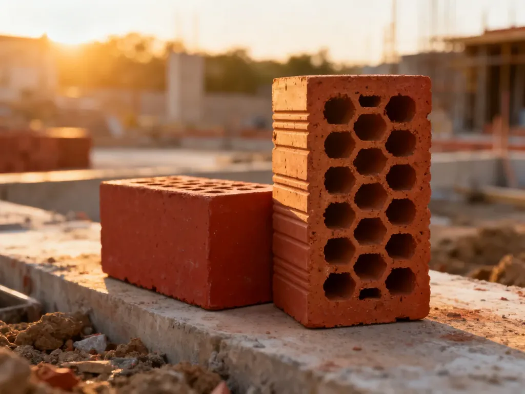 Dwa rodzaje ceramicznych pustaków Porotherm ustawione obok siebie na placu budowy w świetle wschodzącego słońca.