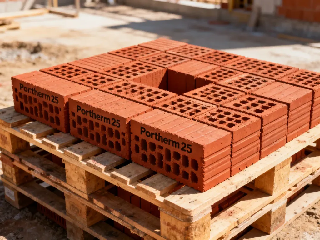 Paleta z ułożonymi pustakami ceramicznymi Porotherm 25 na placu budowy w świetle słonecznym.