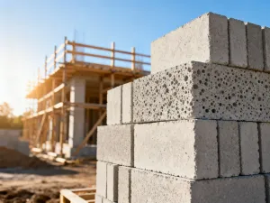 Paleta z ułożonymi bloczkami fundamentowymi na placu budowy w świetle poranka.