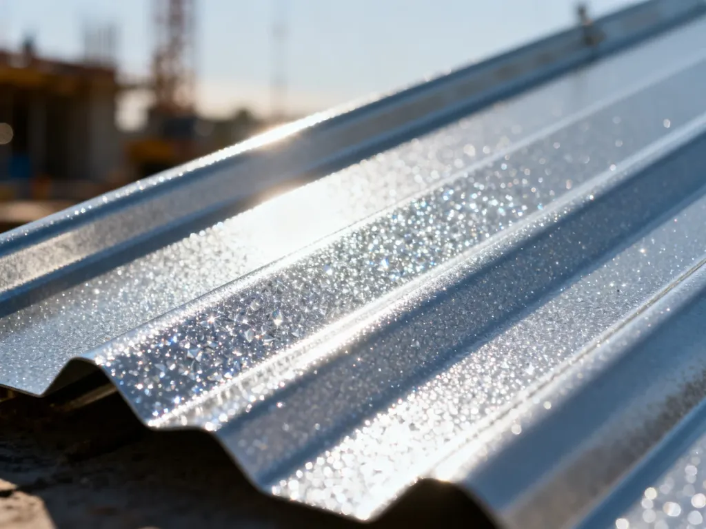 Zbliżenie na powierzchnię blachy alucynkowej z charakterystycznym krystalicznym wzorem i metalicznym połyskiem.