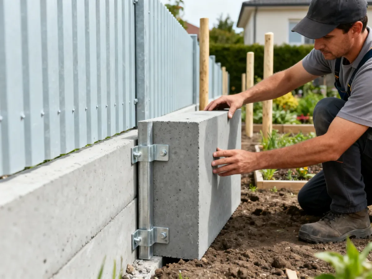 Prefabrykowane betonowe deski podmurówki przygotowane przy lekkim ogrodzeniu