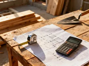 Stos bloczków z betonu komórkowego o widocznej porowatej strukturze na tle nowoczesnej budowy o wschodzie słońca.