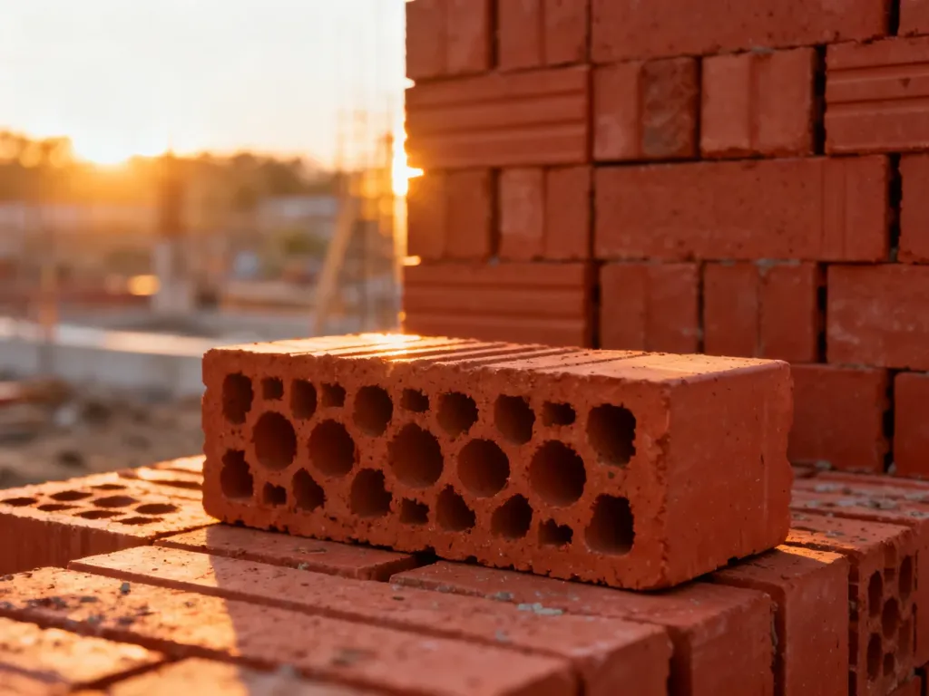 Stos czerwonych pustaków ceramicznych na placu budowy w świetle poranka.