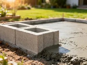 Zbliżenie na dwa bloki z betonu komórkowego o różnej grubości, ukazujące porowatą strukturę materiału na placu budowy.