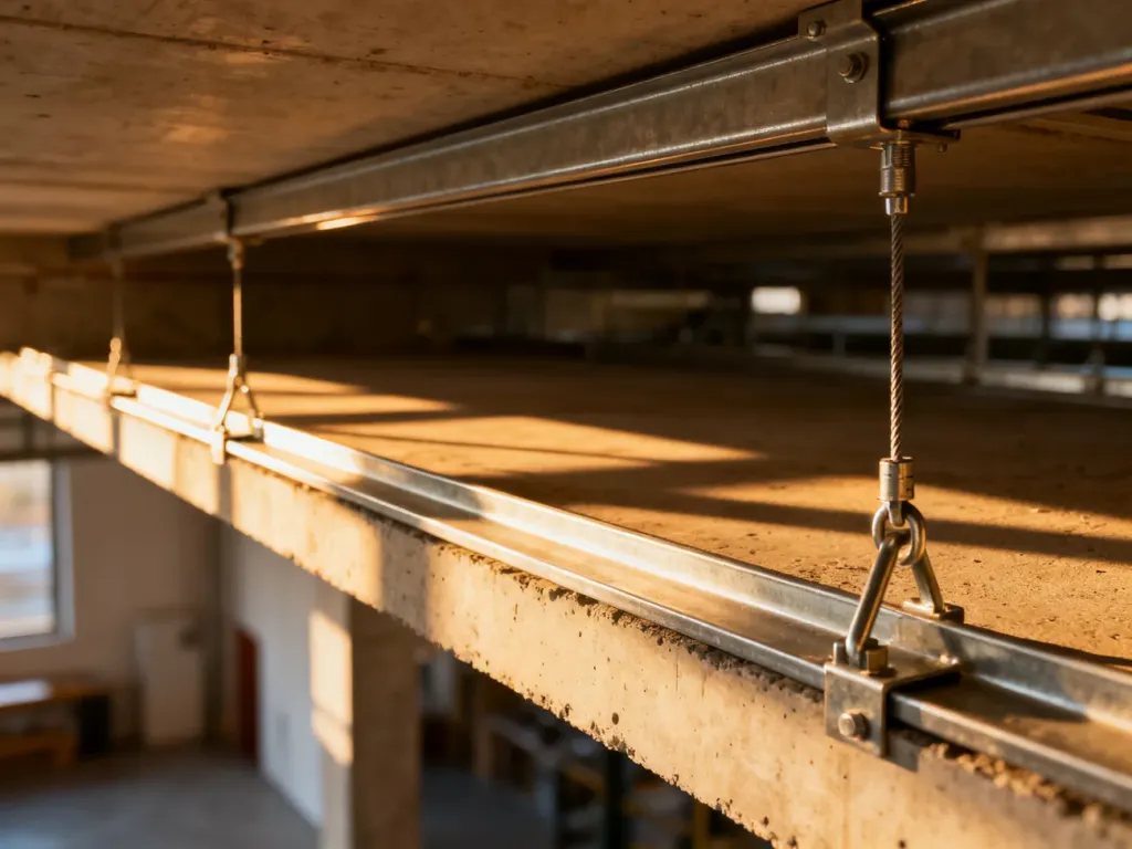 Metalowe profile i wieszaki zamontowane na betonowym stropie, ukazujące precyzyjną konstrukcję sufitu podwieszanego.