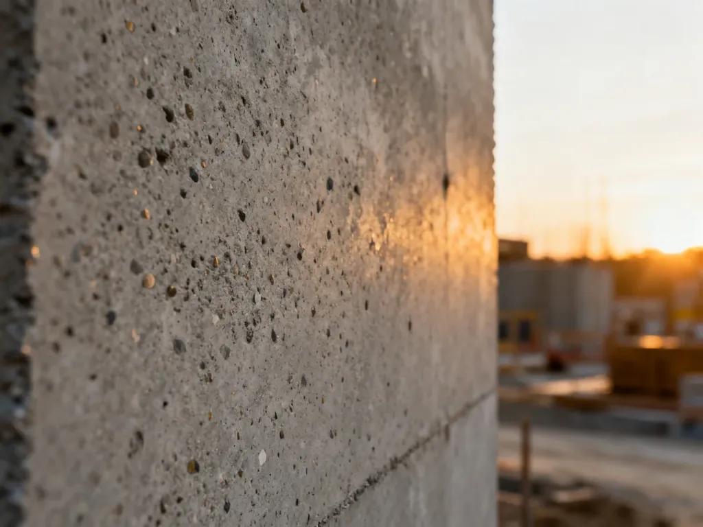 Zbliżenie na wysokiej jakości beton C20/25 z widoczną strukturą kruszywa w ciepłym świetle zachodzącego słońca.