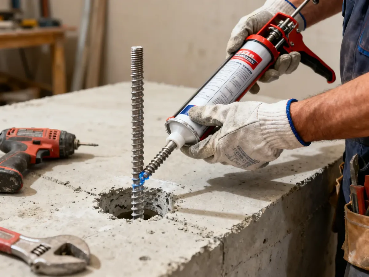 Montaż pręta gwintowanego na kotwę chemiczną w betonowym podłożu