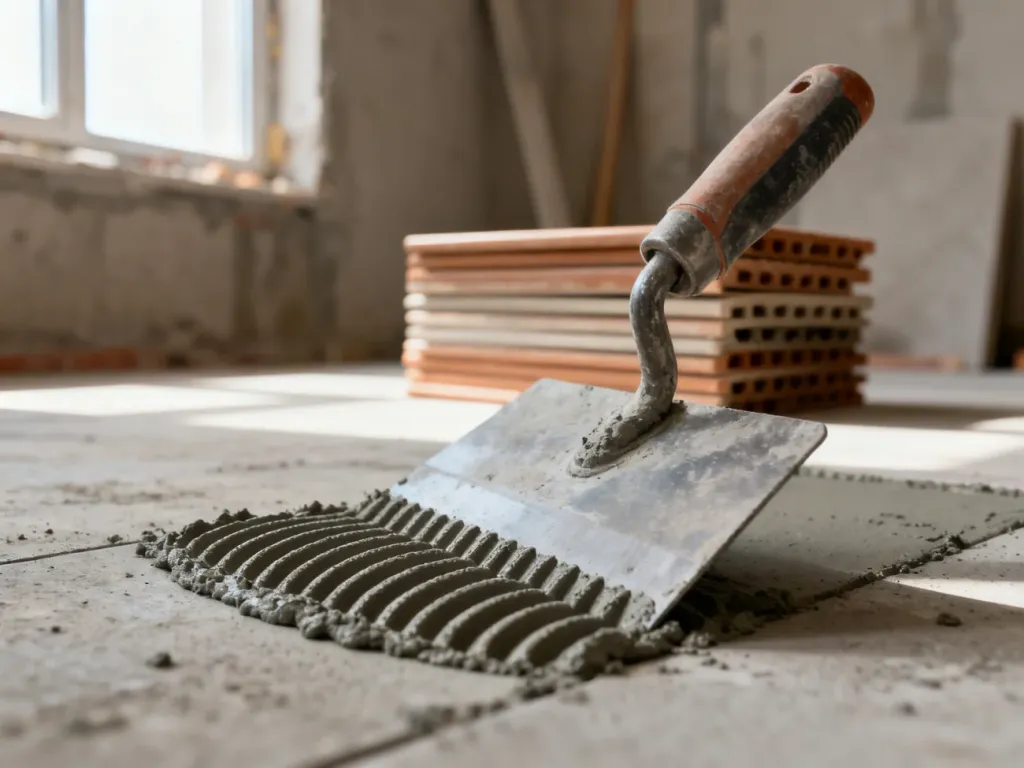 Paca zębata rozprowadzająca zaprawę klejową na podłodze, ukazująca prawidłową technikę nakładania kleju pod płytki.