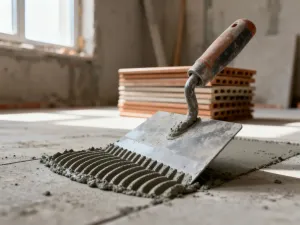 Zbliżenie na strukturę białej płyty styropianowej na tle budowy domu, ilustrujące materiał do izolacji termicznej.