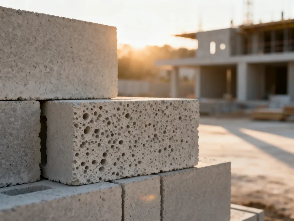 Stos bloczków z betonu komórkowego o widocznej porowatej strukturze na tle nowoczesnej budowy o wschodzie słońca.