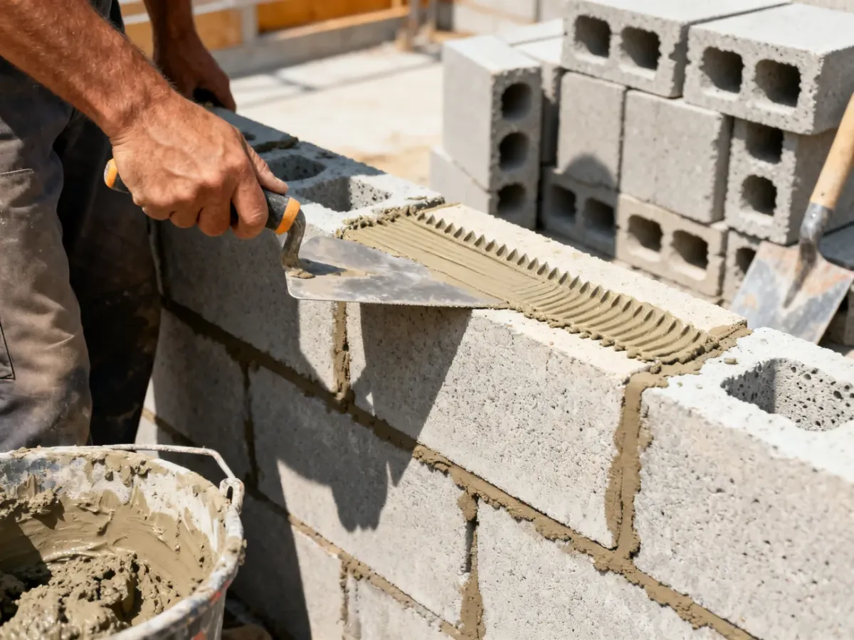 Murujący pracownik nakłada cienką warstwę zaprawy na bloczki z betonu komórkowego
