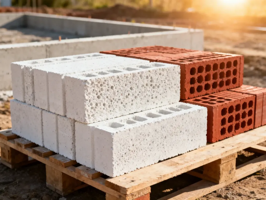 Stosy białych bloczków z betonu komórkowego i czerwonej ceramiki budowlanej na palecie na tle placu budowy.