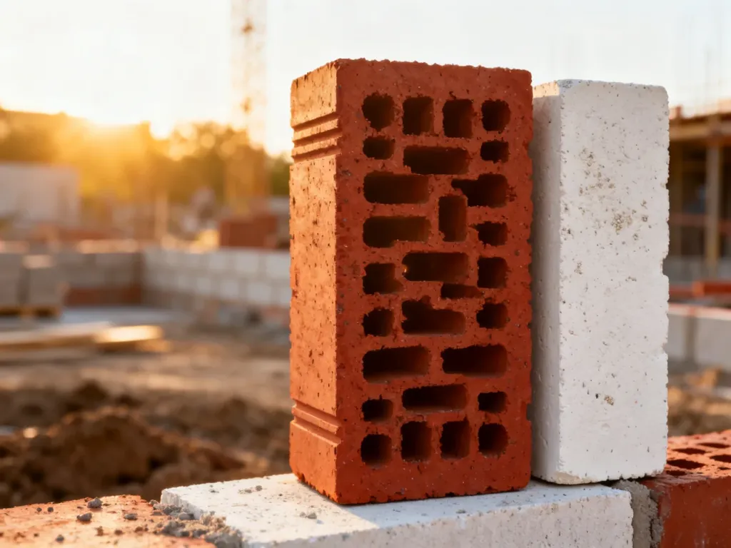 Porównanie czerwonego pustaka ceramicznego i białej cegły silikatowej na placu budowy w świetle zachodzącego słońca.