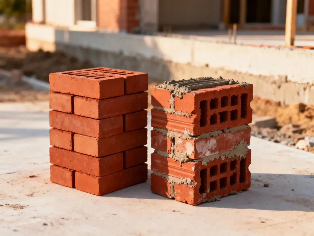 Dwie palety cegieł ceramicznych Porotherm Profi i Dryfix na placu budowy, prezentujące systemy murowania.