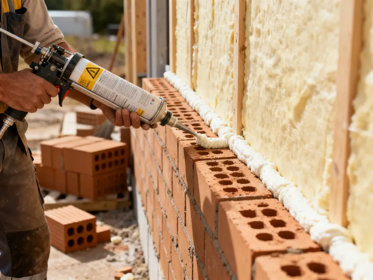 Mur z pustaków szlifowanych z aplikowaną pianą Dryfix i warstwą ocieplenia