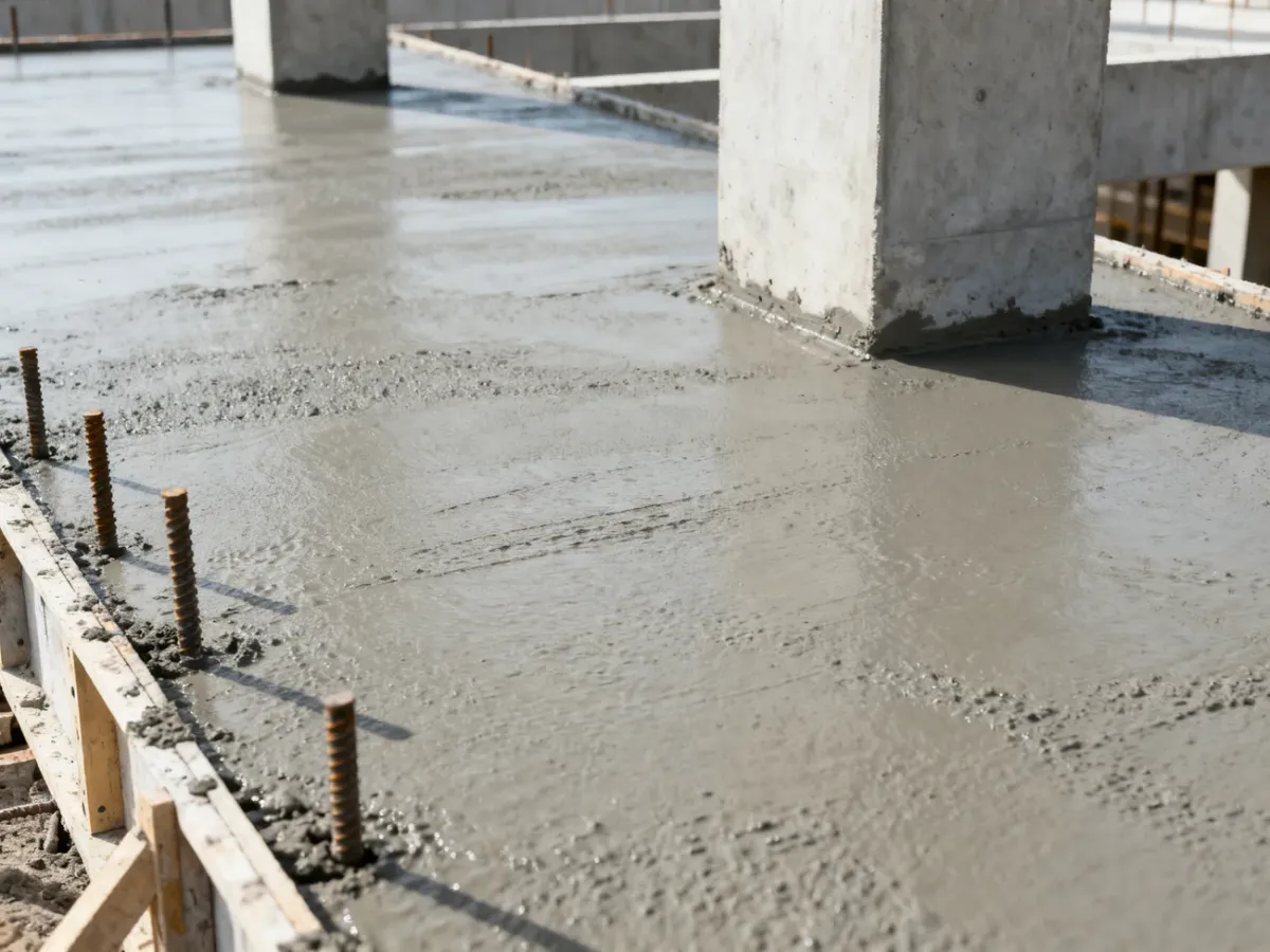 Świeżo wylewany beton konstrukcyjny przy zbrojeniu i szalunkach