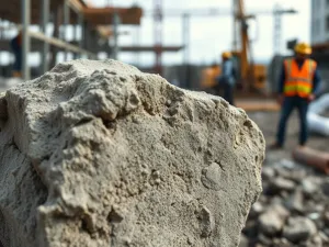Stos płyt styropianowych EPS 100 o gęstej strukturze na placu budowy w świetle zachodzącego słońca.
