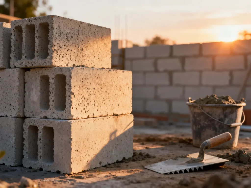 Stos bloczków z betonu komórkowego na placu budowy w świetle wschodzącego słońca, obok narzędzia do nakładania zaprawy.