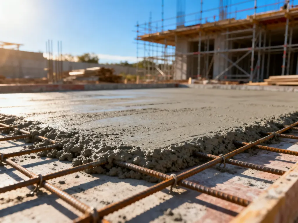 Świeżo wylany beton na zbrojonej płycie stropowej na placu budowy w świetle porannego słońca.