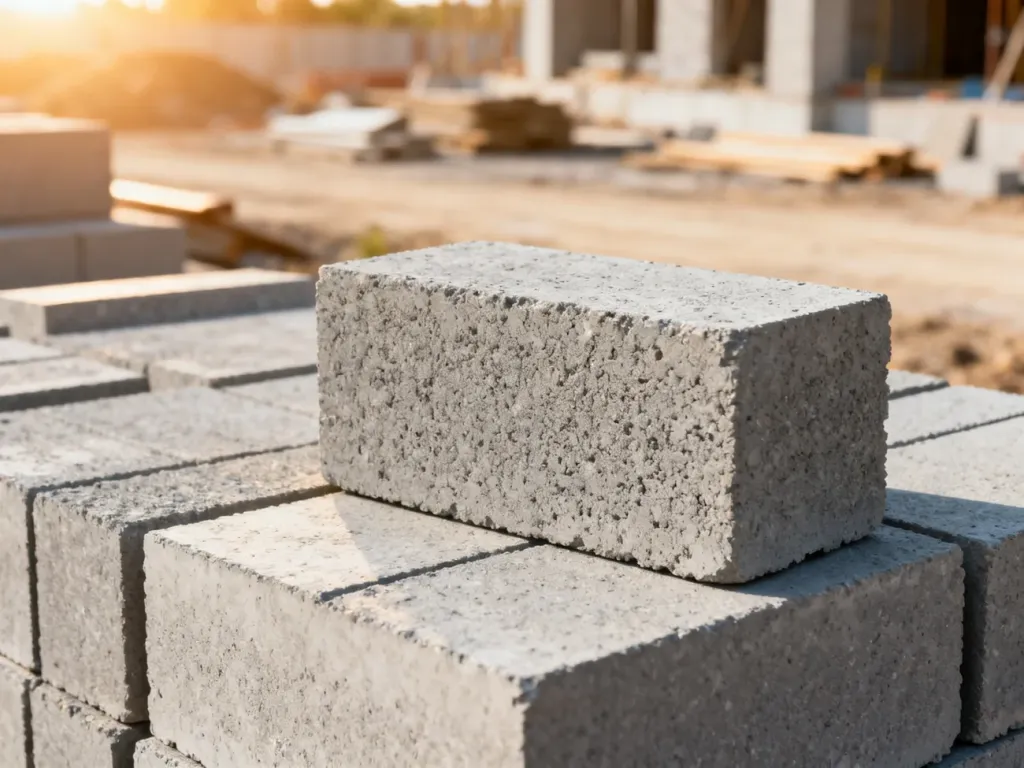 Szare bloczki betonowe ułożone na placu budowy, prezentujące strukturę materiału w świetle poranka.