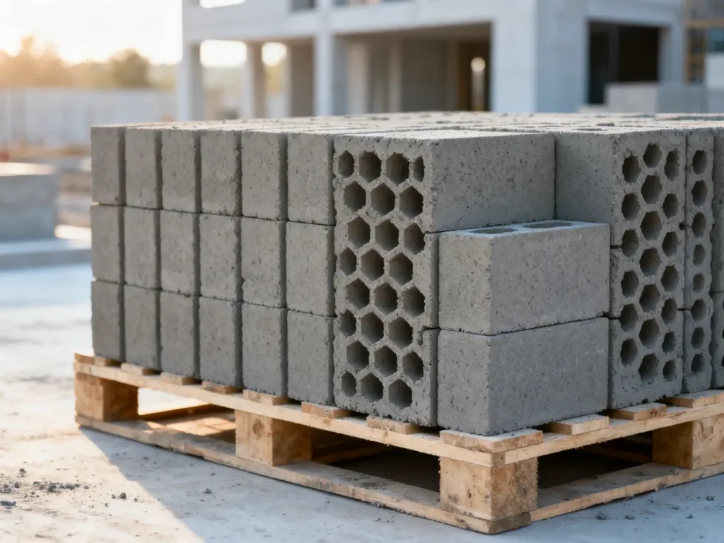 Paleta z ułożonymi pustakami ceramicznymi Leier 25 na placu budowy. Widoczna struktura otworów wewnątrz bloków.