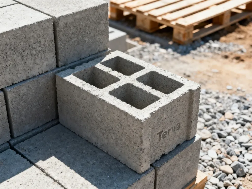 Stos betonowych pustaków stropowych Teriva z widoczną strukturą wewnętrzną na placu budowy.